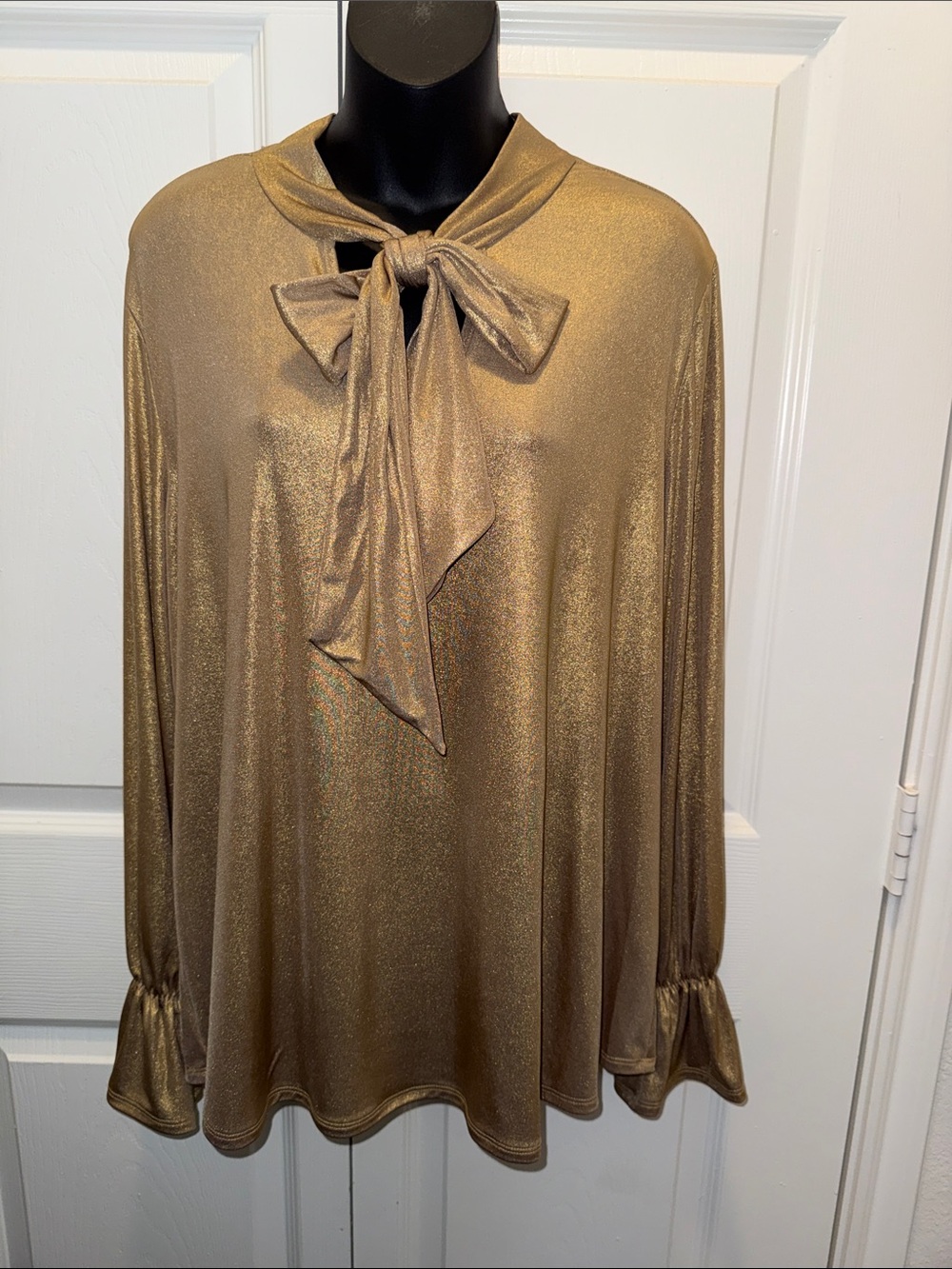 Cato Metallic Gold Tie-Neck Long Sleeve Blouse